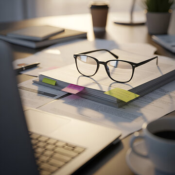 Office Desk with Eyeglasses, Papers, and Coffee Cup