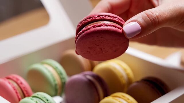 A hand reaches for colorful macarons in a white gift box