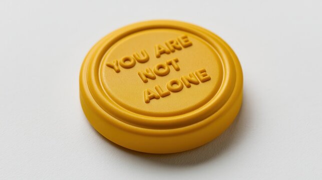 Circular yellow object with the embossed phrase 'YOU ARE NOT ALONE' is centered on a clean white background, conveying a.