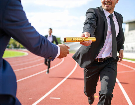 Businesspeople Passing a Golden Success Baton as a Teamwork Concept