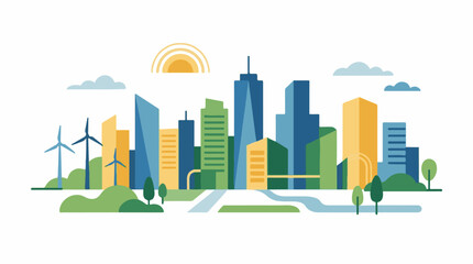 Fototapeta premium Colorful cityscape with modern buildings, wind turbines, and greenery under a sunny sky