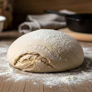 Raw Dough Bread on Wooden Table, Flour Dust