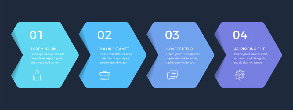 Infographic template with four sequential arrow steps, dark background