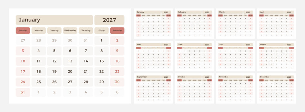 Annual 2027 calendar template featuring a clean minimalist layout with a rounded grid design. Week starts on Sunday