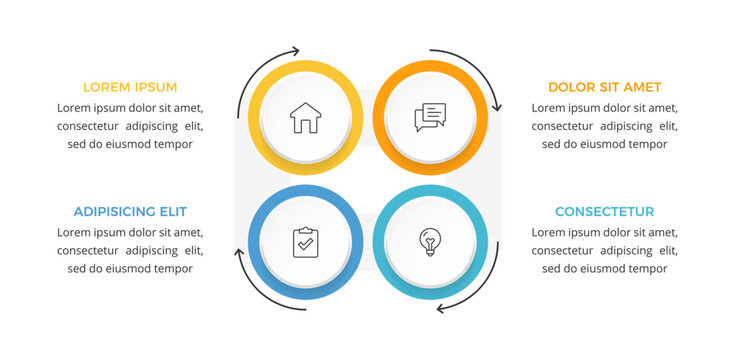 Cycle diagram infographic template with four circular steps linked by rotating arrows
