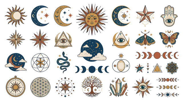 Celestial and Mystical Symbols: Sun, Moon, Stars, Eye, Crystals, Moth, Butterfly