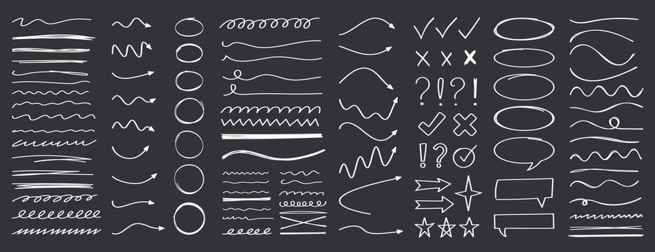Set of hand-drawn lines, arrows, circles, symbols, and doodle design elements. Dark background