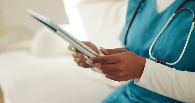 Hands, nurse and tablet in home for healthcare, patient report or telehealth app with typing. Woman, record medical info or online for caregiver schedule, agenda or medicine log with tech at house