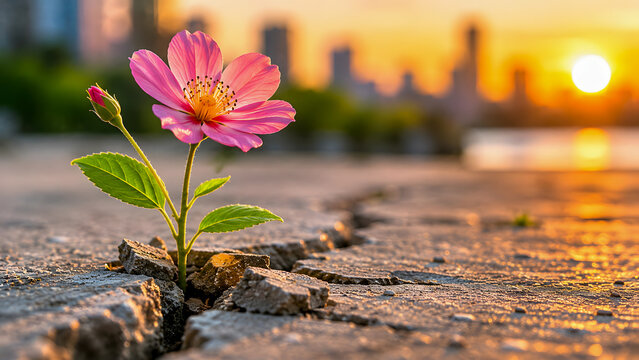 Pink flower growing through crack in pavement at sunset  