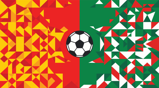 A classic black and white soccer ball is the central focus, set against a vibrant, abstract geometric pattern.