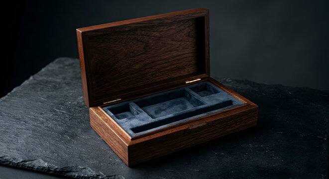 Luxury Open Empty Wooden Gift Box with Velvet Interior on Stone Plate