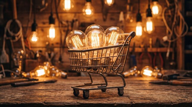 Vintage edison light bulbs inside a miniature shopping cart on a rustic wooden workbench with warm glowing background illumination for creative energy concepts