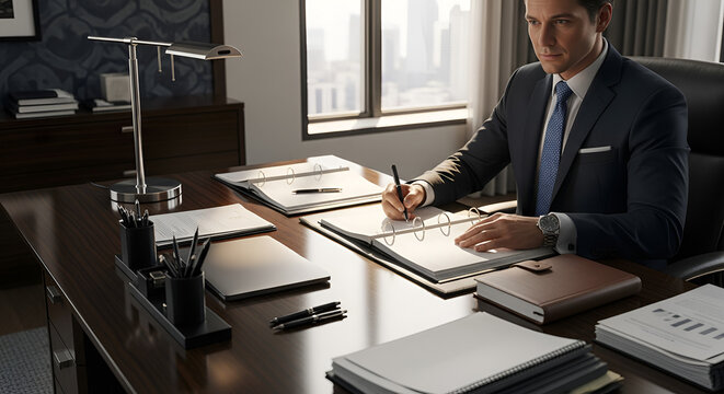 Businessman working on paperwork at office desk with cityscape views