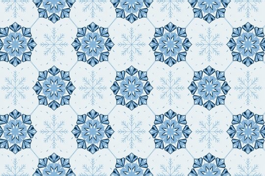 Seamless pattern featuring repeating blue and white geometric snowflake motifs and delicate ice crystal shapes on a light blue background