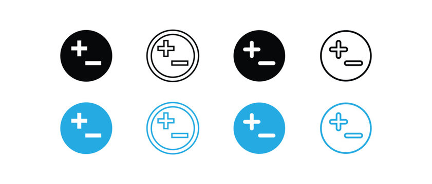 Zoom interface icon, circle plus minus mathematical button set. vector illustration