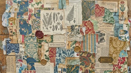 Fototapeta premium Vintage Botanical Collage Background with Antique Paper Scraps Floral Wallpaper Fragments and Wax Seals for Scrapbooking and Junk Journaling Projects