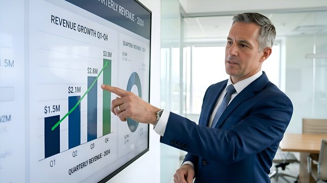 Businessman pointing at revenue growth chart on monitor in office meeting room
