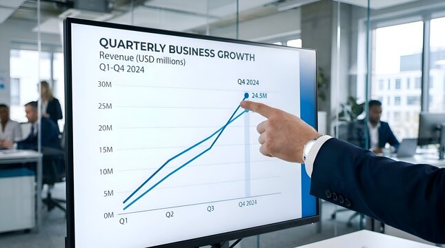 Businessman points at quarterly business growth chart on screen in office meeting