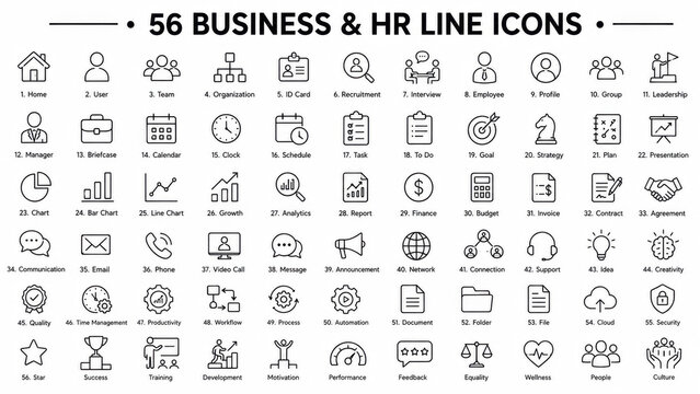Set of fifty six thin line business and office icons for web and mobile design