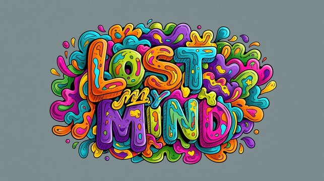 Dynamic and colorful illustration of the phrase 'LOST MY MIND' with bubble-like, dripping letters and numerous playful.