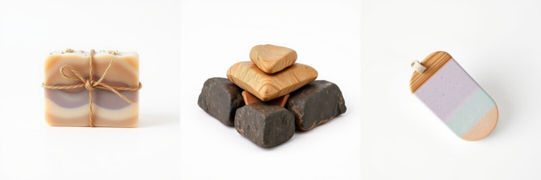 Handmade soaps presented. Variety textures, colors visible. Minimalist aesthetic, clean background. Natural beauty products showcased.