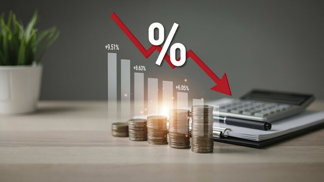 A downward trend in financial growth is shown on a graph with coins and a calculator on a desk.