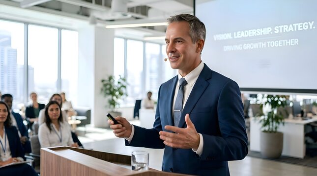 Businessman Presenting Strategy to Audience in Modern Office