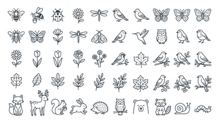 Nature and forest wildlife line art icon set with animals and plants © Joyo