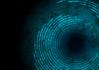 Futuristic geometric tech blue dotted linear circles abstract background. Glowing grunge wall vector design © saicle