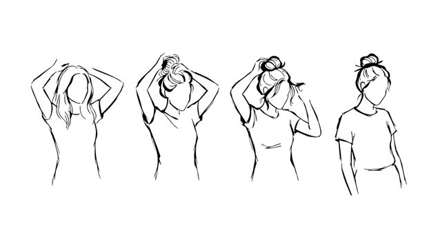 Women adjusting hair in casual poses presented in a figure reference collection set collection