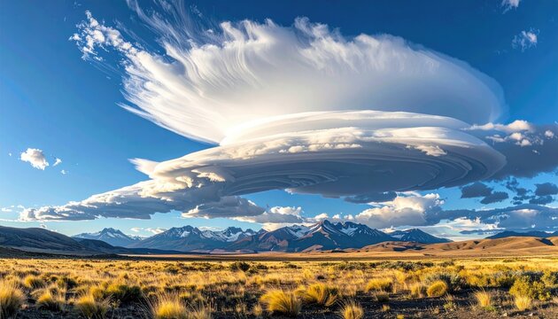 Majestic Lenticular Cloud Formation Over Andean Landscape.