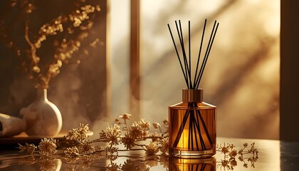 Fototapeta premium Reed diffuser in amber glass bottle with dried flowers in warm golden sunlight