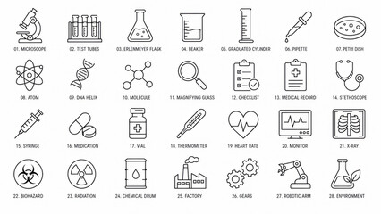 Fototapeta premium Set of black and white medical and science line icons for healthcare projects
