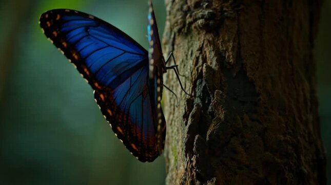 Blue Morpho Butterfly Resting on Tree Bark in Tropical Forest 4K