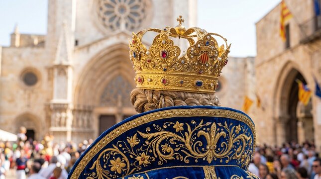 Santa Tecla Festival, the Gegants de la Ciutat (Giant's) regal attire, focusing on the ornate golden crown and embroidered velvet textures
