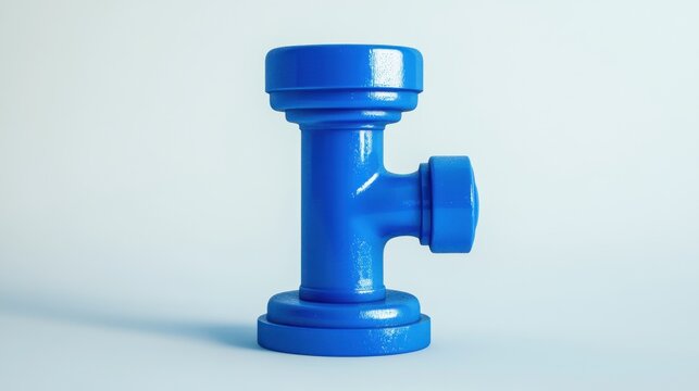 Blue industrial T-shaped pipe fitting component on a light background