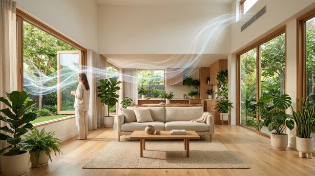 Modern eco home interior with natural ventilation airflow and woman by open window.
