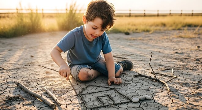Young boy playing with toy truck in sandpit.