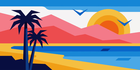 Obraz premium Vibrant Sunset Beach Scene With Palm Trees