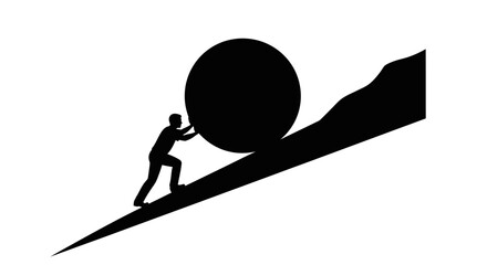 Man Pushing Boulder Uphill Silhouette Vector Illustration © Melatunz