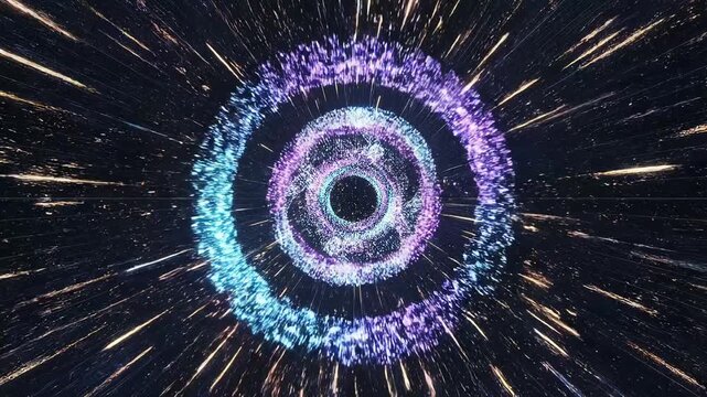 鮮烈に発光する光の輪が疾走する近未来背景