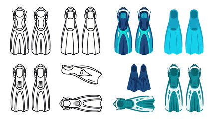 Scuba diving and snorkeling fins set in various styles and colors © Kasino