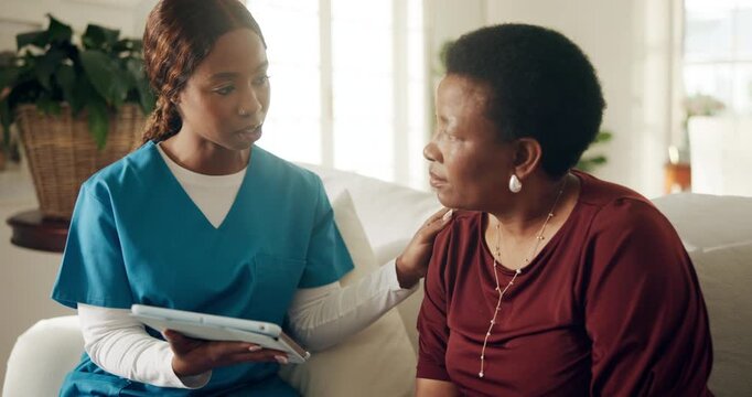 Woman, nurse and consulting with tablet on sofa for test results, medical diagnosis and support. Black people, mature patient and caregiver with tech in home for health advice, care plan or follow up