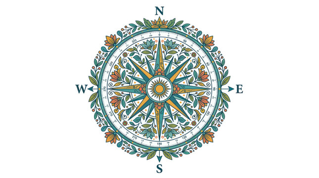 Decorative vintage compass rose with floral patterns and sun motif