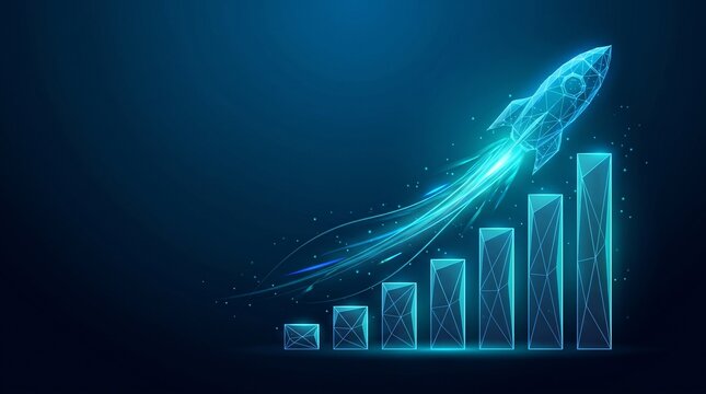 Digital growth rocket launching above financial bar chart graph visualization with business technology performance investment marketing strategy innovation increase progress abstract