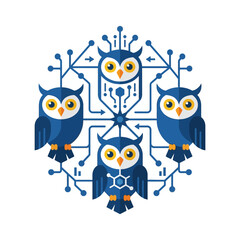 Fototapeta premium Four stylized owls arranged in a digital circuit board pattern