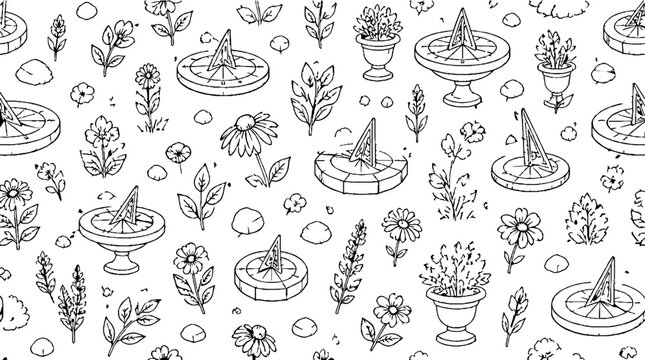 Hand drawn garden plants and bird baths illustration.