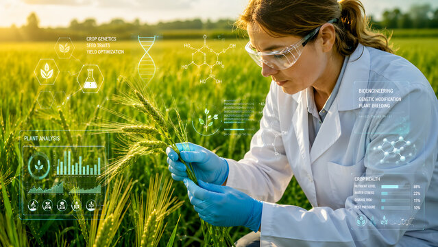 Female scientist examining rice plant in field with digital overlays  