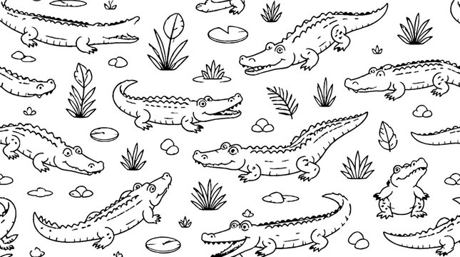 Detailed black and white crocodile illustration pattern.