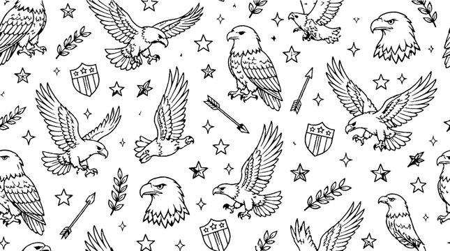 Detailed Eagle and Shield Pattern with Stars and Branches.